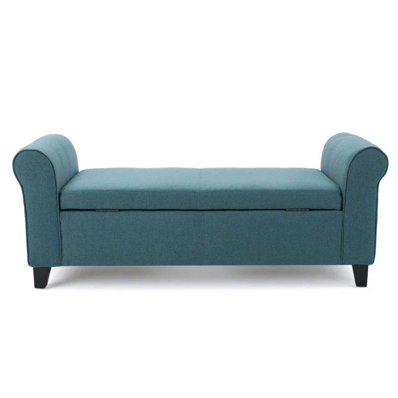 Contemporary Upholstered Ottoman with Rolled Arms and Pressure Hinges, Armed Storage Bench, Ideal for Small Spaces, 50" L x 19.75" W x 20.5" H, Teal
