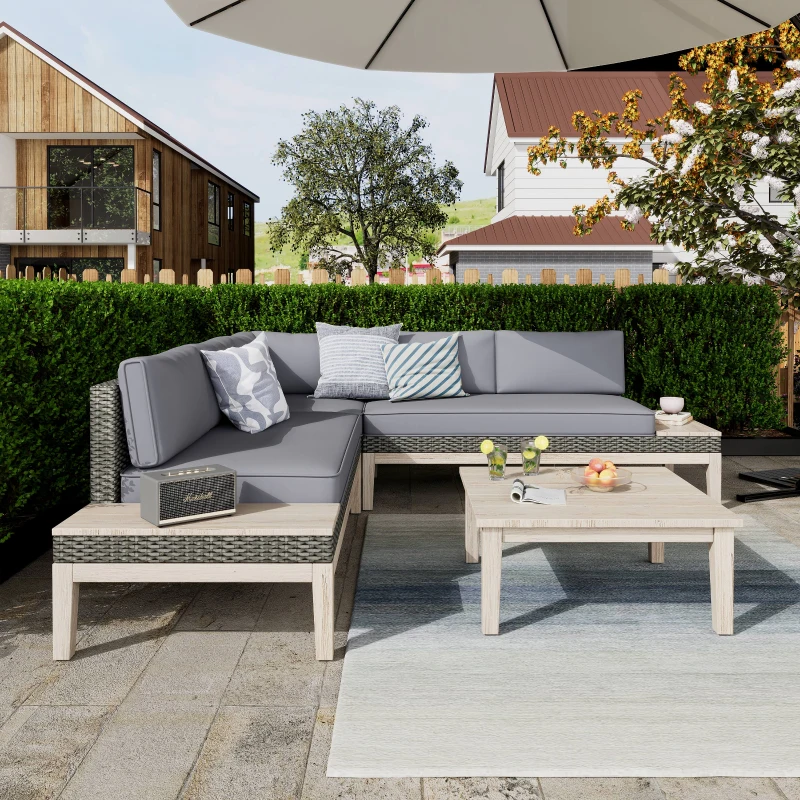 Loft Outdoor Acacia Wood and Wicker 5 Seater Sectional Sofa Set with Water-Resistant Cushions, Built-In Side Tables, and Durable Polyethylene Rattan, 64"x30"x27", Gray