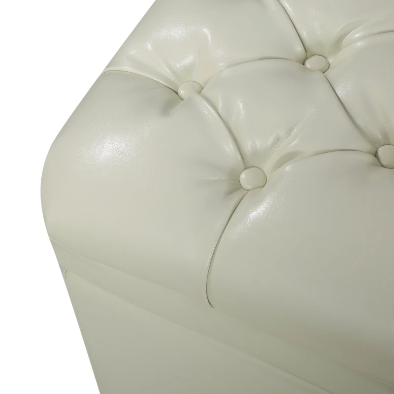 Storage Ottoman with Birch Legs, Faux Leather Tufted, 50" L x 20.5" W x 18.25" H, Spot Clean, Ivory
