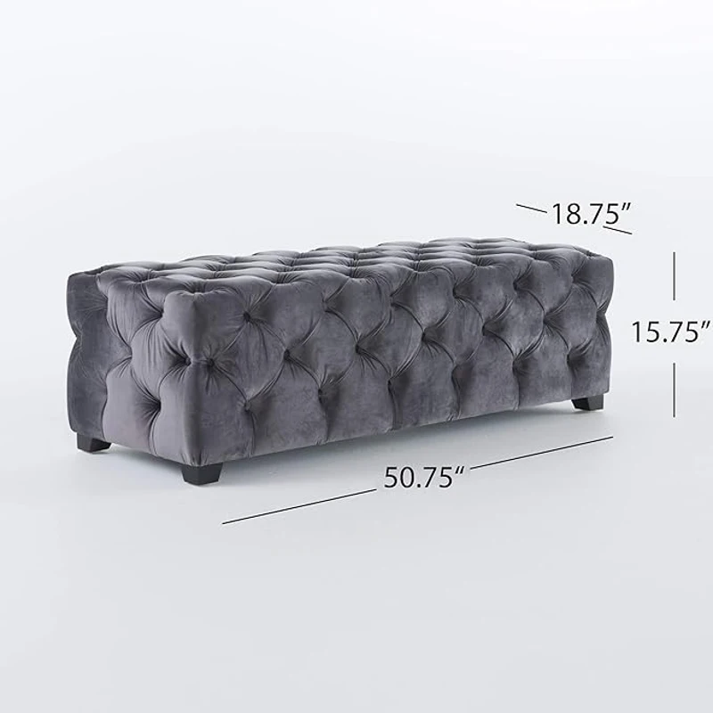 Contemporary Glam Rectangle Padded Ottoman with Cushioned Top, Sturdy Frame, and Space-Saving Design, 50.75" L x 18.75" W x 15.75" H, Grey