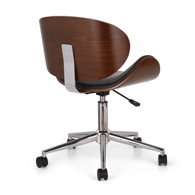 Vinsetto Mid-Century Modern Office Chair, Faux Leather Upholstery, Bentwood Design, Adjustable Height with Swivel, Rolling Casters, 23"x23"x29.25", Black+Dark Walnut