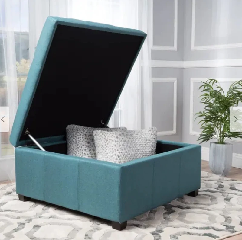 Storage Ottoman with Fabric Upholstery, Dark Stained Birch Legs, Extra Seating, 35" L x 35" W x 18.5" H, Teal
