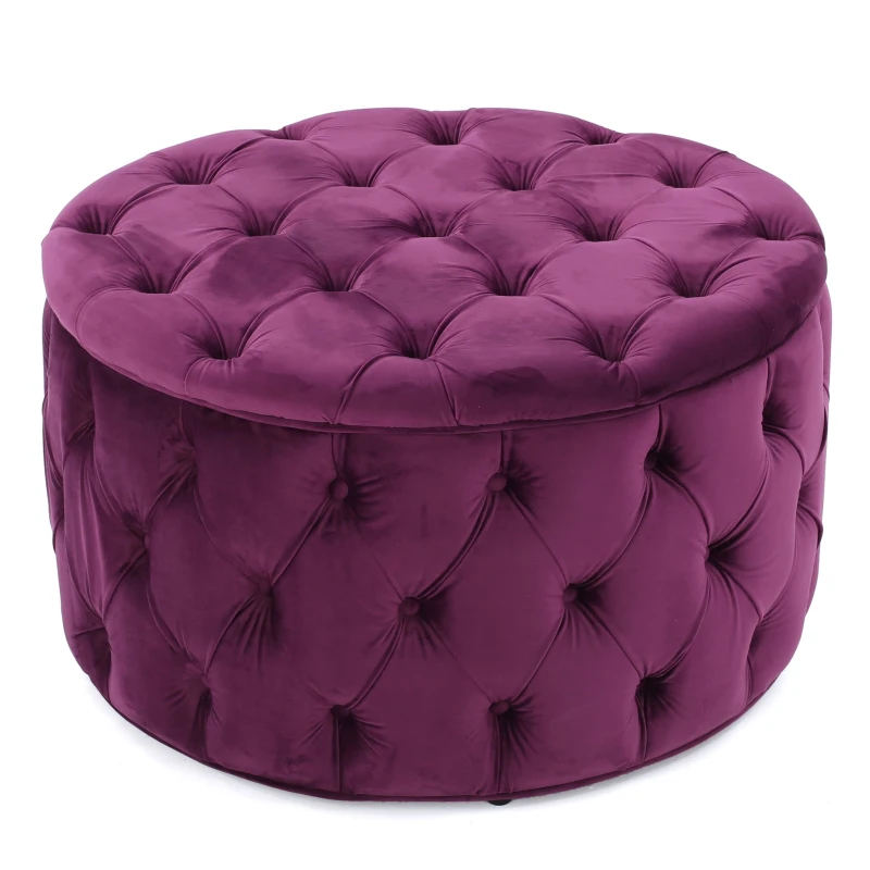 Modern Glam Round Velvet Ottoman with Cushioned Top, Sturdy Frame, and Space-Saving Design, 29.5" L x 29.5" W x 18" H, Fuchsia