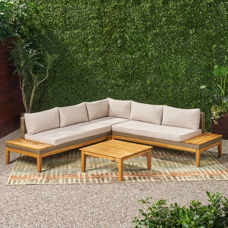 Loft Outdoor Acacia Wood and Wicker 5 Seater Sectional Sofa Set with Water-Resistant Cushions, Built-In Side Tables, and Durable Polyethylene Rattan, 64"x30"x27", Teak