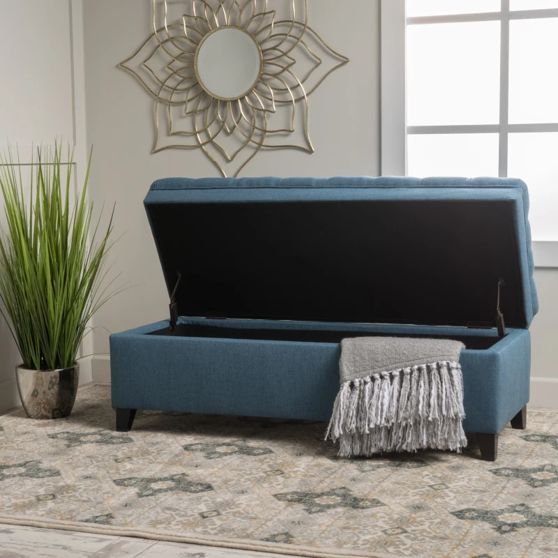 Storage Ottoman with Birch Legs, Hand-Tufted Fabric, 50" L x 20.5" W x 18.25" H, Spot Clean, Blue