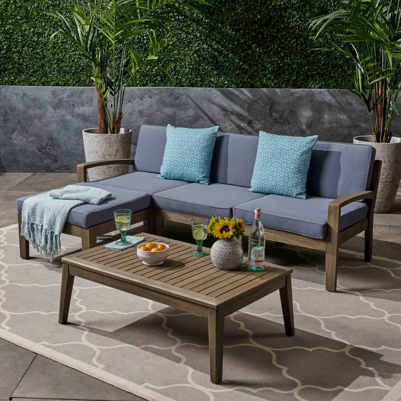 Transitional L-Shaped Patio Furniture Set, Acacia Wood Frame with Water-Resistant Cushions and Slat Panel Design, 27" L x 29.5" W x 26.25" H, Gray