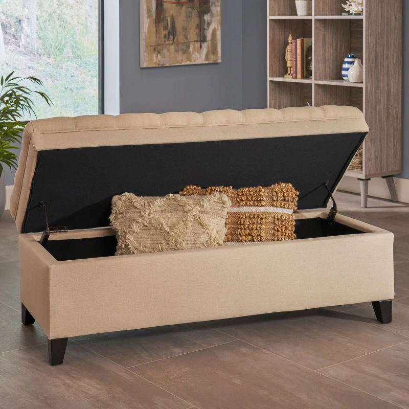 Storage Ottoman with Birch Legs, Hand-Tufted Fabric, 50" L x 20.5" W x 18.25" H, Spot Clean, Beige