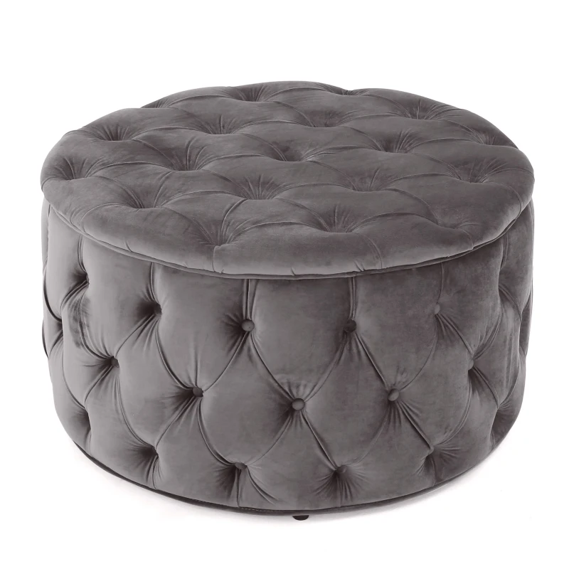 Modern Glam Round Velvet Ottoman with Cushioned Top, Sturdy Frame, and Space-Saving Design, 29.5" L x 29.5" W x 18" H, Gray