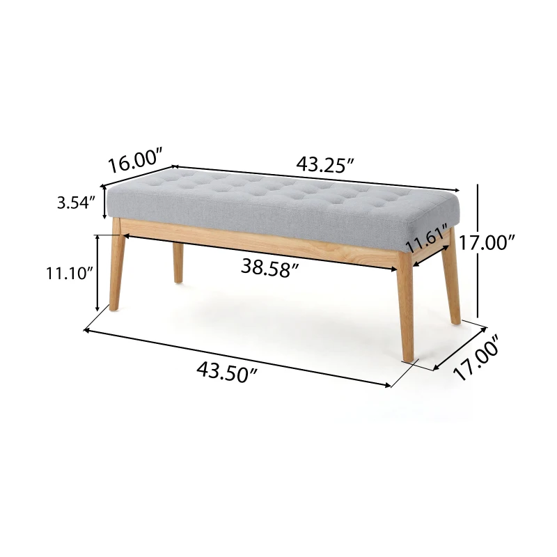 Fabric Ottoman with Cushioned Top, Sturdy Frame, and Space-Saving Design, 43.5" L x 15.75" W x 17" H, Light Gray