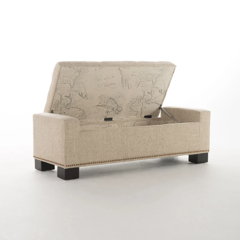 Storage Ottoman with Studs, Hinged Lid, Tufted Top, and Birch Legs, 50.85" L x 19.5" W x 17" H, Wheat