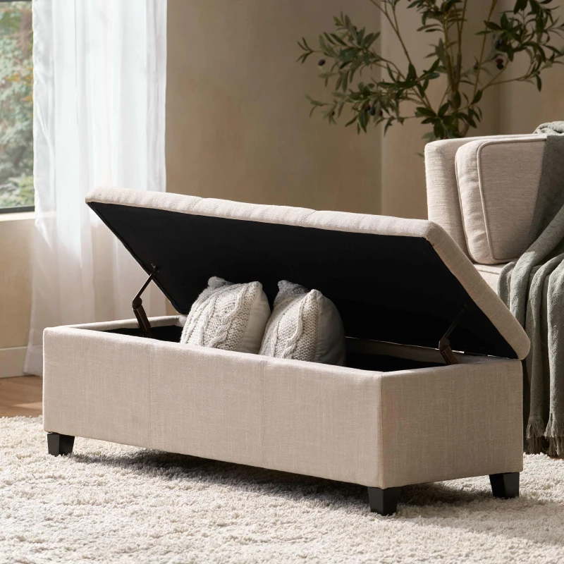 Storage Ottoman with Contemporary Design, Upholstered Seating, Versatile Storage Bench, 51.25" L x 17.5" W x 16.25" H, Light beige
