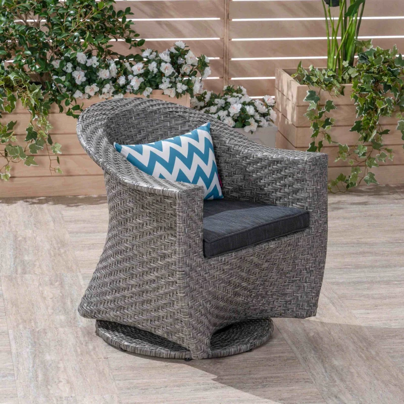 Modern Wicker Patio Chair with Water-Resistant Cushions, Swivel Chair, No Assembly Required, 28.25" x 28" x 29.5", Gray+Black