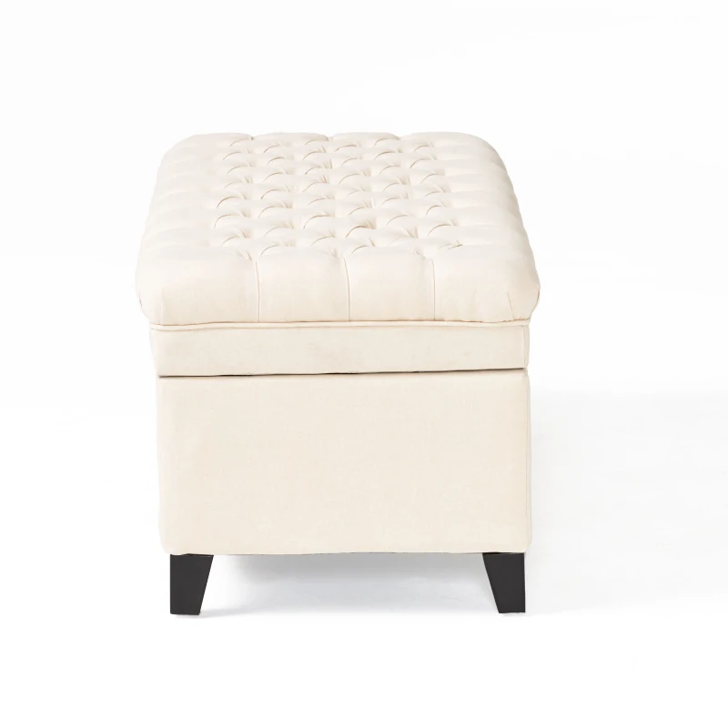 Storage Ottoman with Birch Legs, Hand-Tufted Fabric, 50" L x 20.5" W x 18.25" H, Spot Clean, Beige