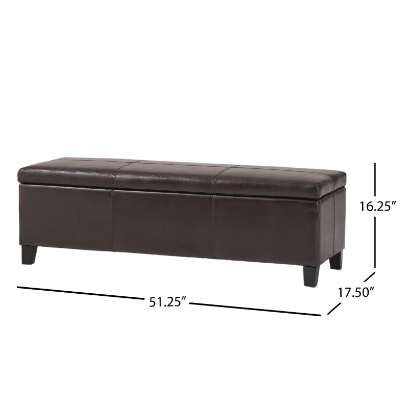 Faux Leather Storage Ottoman Bench, Solid Wood Construction, Versatile Seating and Storage, 51.25" L x 17.5" W x 16.25" H, Brown