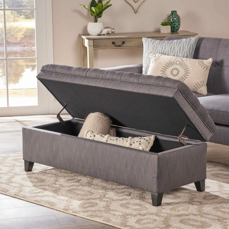 Storage Ottoman with Birch Legs, Hand-Tufted Fabric, 50" L x 20.5" W x 18.25" H, Spot Clean, Gray