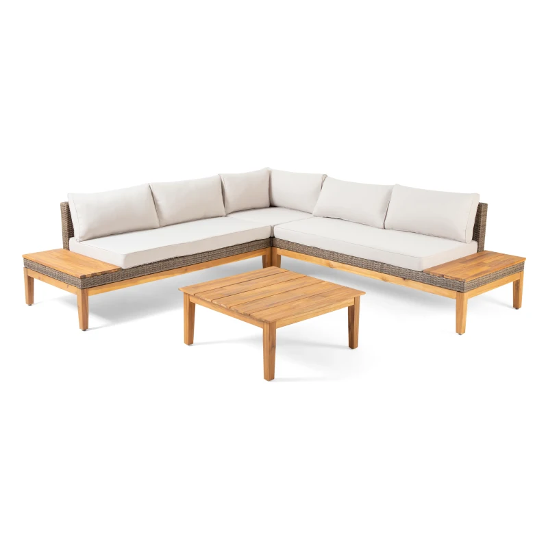 Loft Outdoor Acacia Wood and Wicker 5 Seater Sectional Sofa Set with Water-Resistant Cushions, Built-In Side Tables, and Durable Polyethylene Rattan, 64"x30"x27", Teak