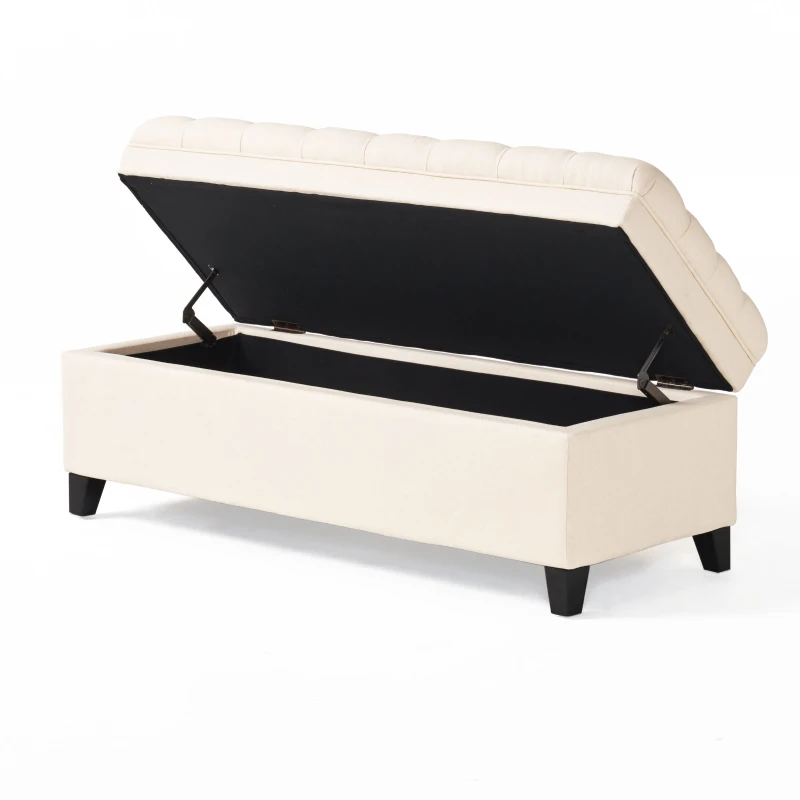 Storage Ottoman with Birch Legs, Hand-Tufted Fabric, 50" L x 20.5" W x 18.25" H, Spot Clean, Beige