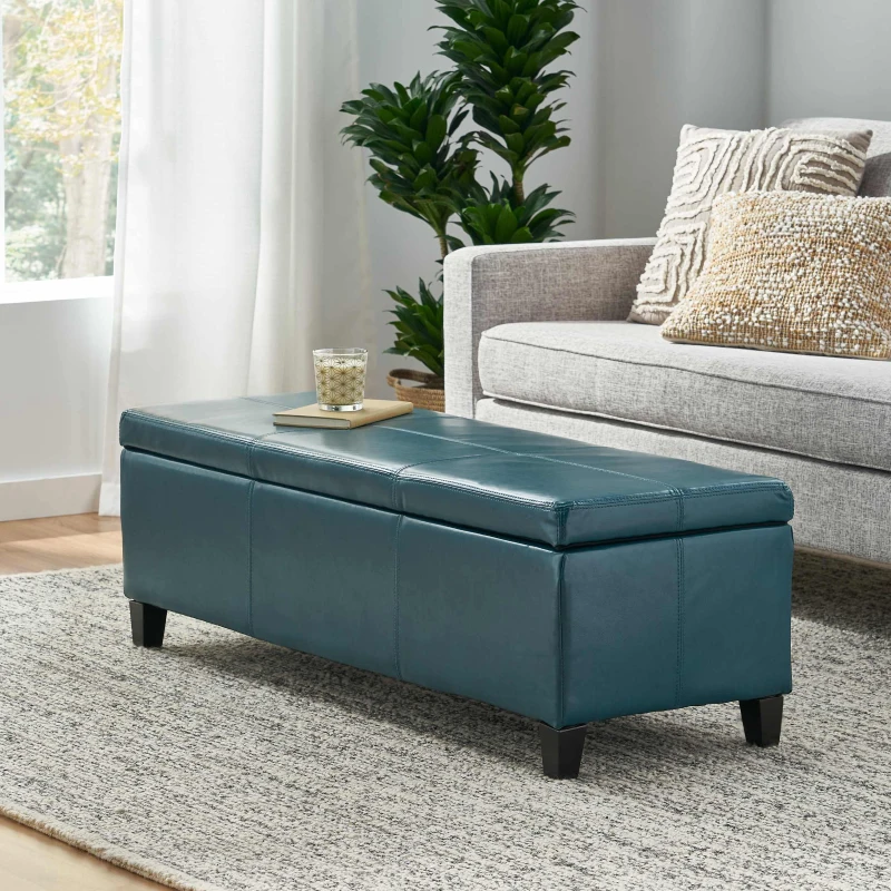 Storage Ottoman with Contemporary Design, Upholstered Seating, Versatile Storage Bench, 51.25" L x 17.5" W x 16.25" H, Teal