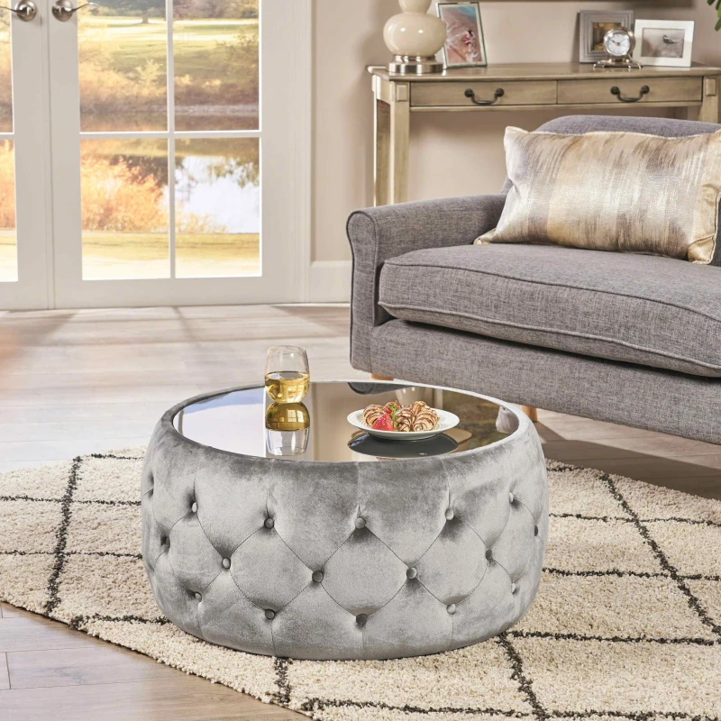 Velvet Ottoman with Cushioned Top, Sturdy Frame, and Space-Saving Design, 30" L x 30" W x 14.5" H, Smoke