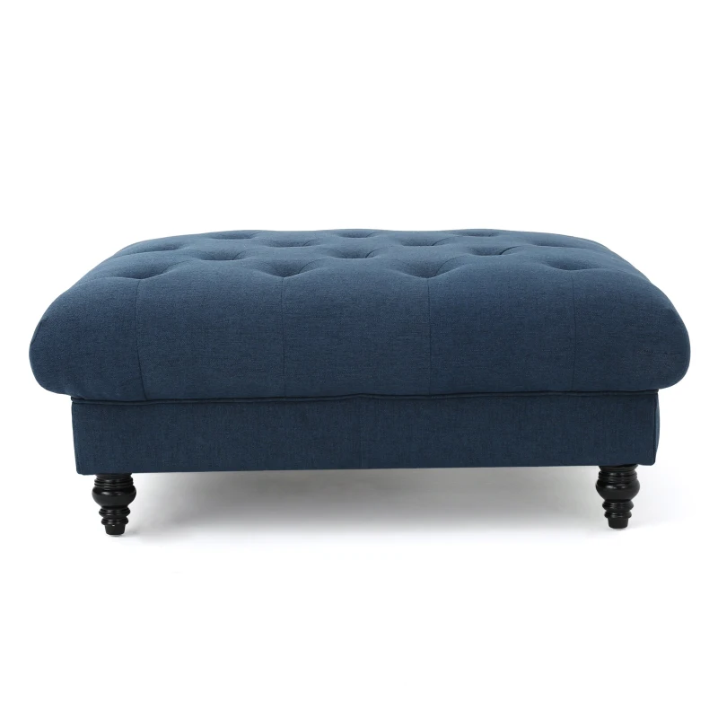 Tufted Ottoman with Upholstered Polyester Blend, Button Tufting, Turned Feet, 40.5" x 40.5" x 16.9", Navy Blue
