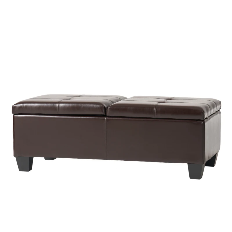 Double-Top Storage Ottoman with Soft Leather, Tufted Design, Ample Interior Space, and Matching Espresso Legs, 51"x24.5"x19", Brown