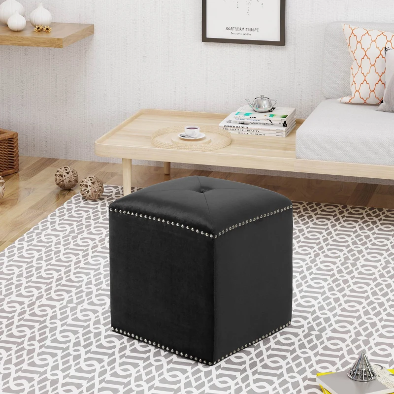 Stylish Ottoman with Cushioned Top, Sturdy Frame, and Space-Saving Design, 16.5" L x 16.5" W x 17" H, Black