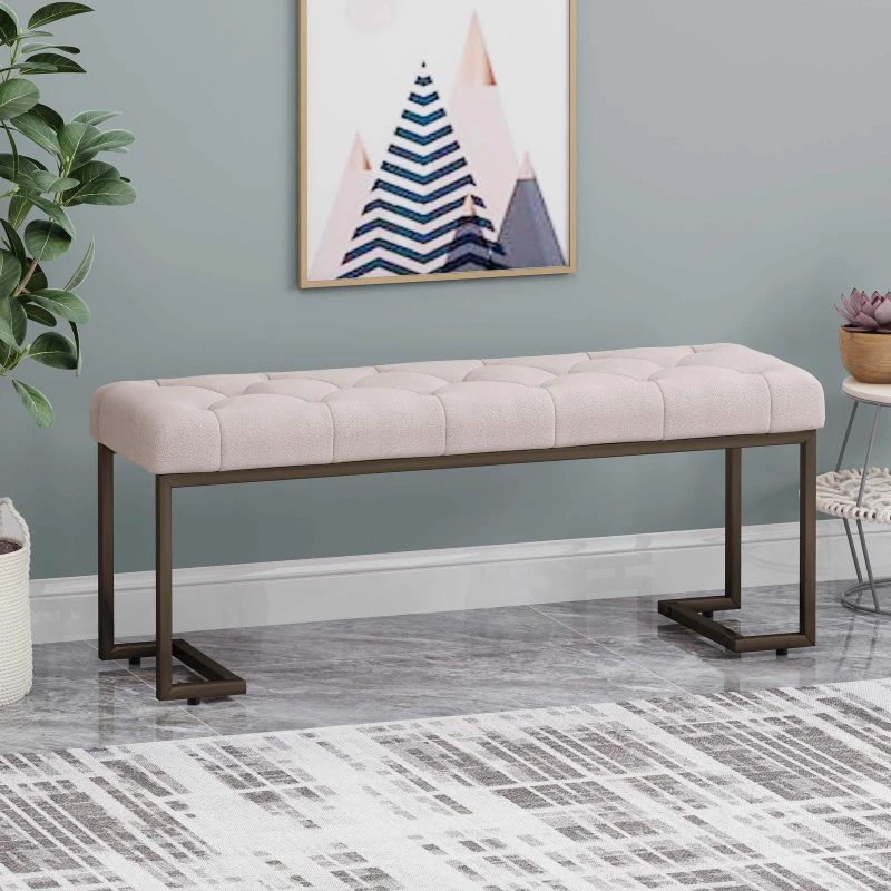 Stylish Bedroom Bench with Padded Seat Cushion, Upturned Wide U Shape, Light Assembly Required, 44.75" L x 15" W x 18.25" H, Beige