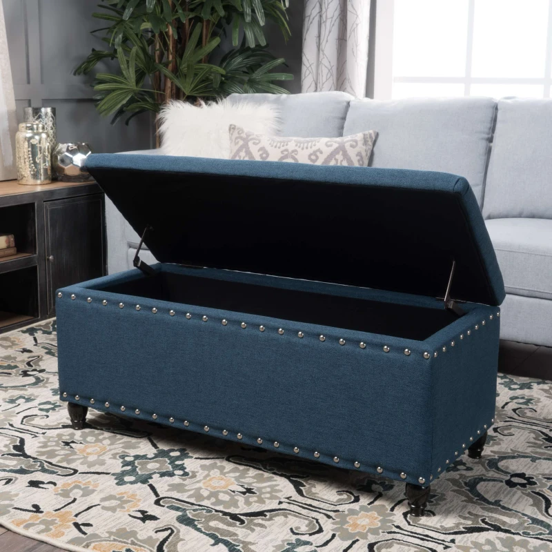 Fabric Storage Ottoman Bench with Solid Wood Construction, Versatile Seating and Storage, 42" L x 18.25" W x 18.25" H, Navy Blue