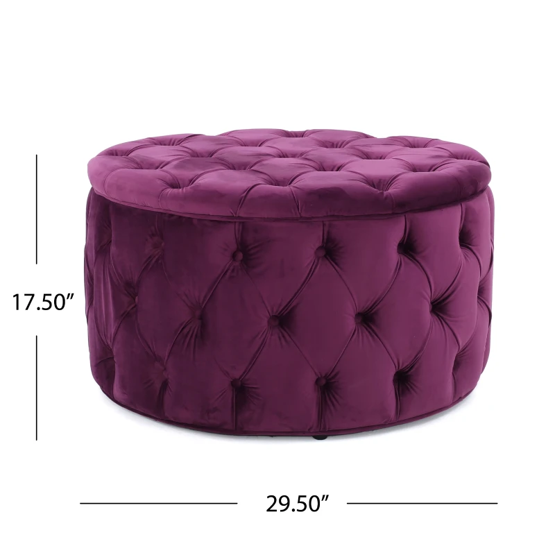 Modern Glam Round Velvet Ottoman with Cushioned Top, Sturdy Frame, and Space-Saving Design, 29.5" L x 29.5" W x 18" H, Fuchsia