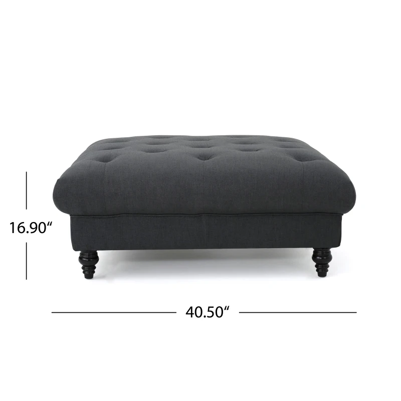 Tufted Ottoman with Upholstered Polyester Blend, Button Tufting, Turned Feet, 40.5" x 40.5" x 16.9", Dark Gray