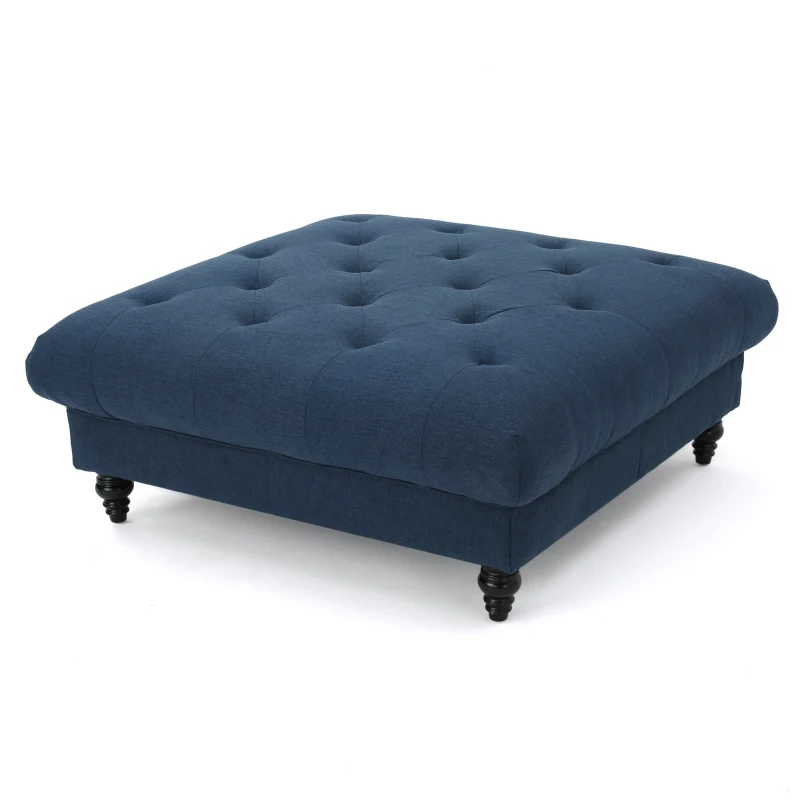 Tufted Ottoman with Upholstered Polyester Blend, Button Tufting, Turned Feet, 40.5" x 40.5" x 16.9", Navy Blue