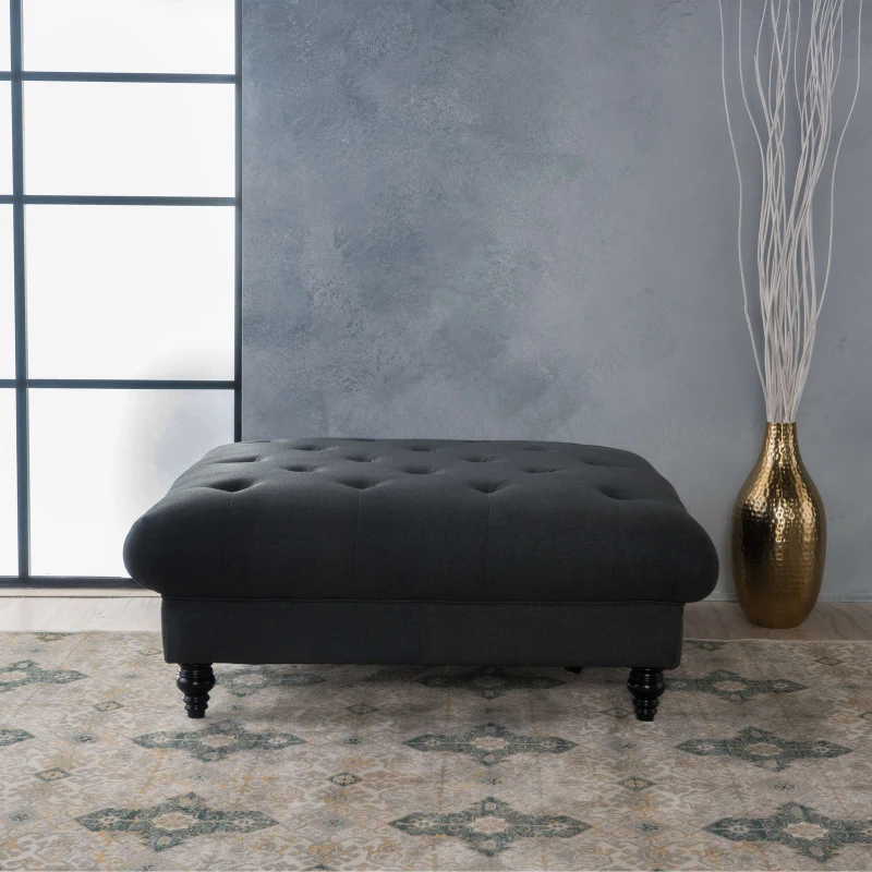 Tufted Ottoman with Upholstered Polyester Blend, Button Tufting, Turned Feet, 40.5" x 40.5" x 16.9", Dark Gray