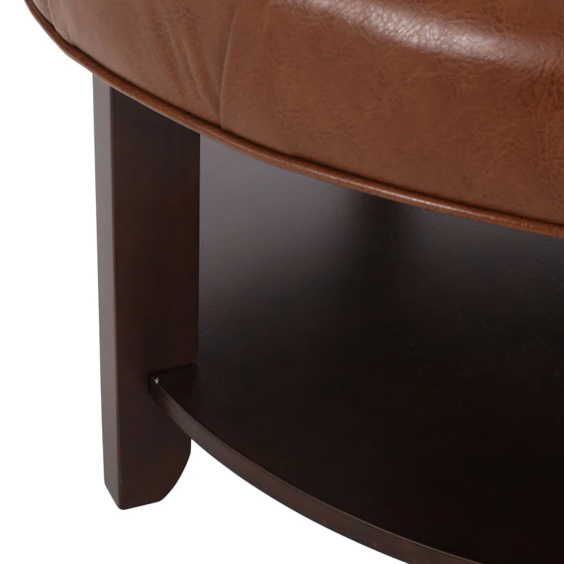 Round Ottoman with Faux Leather Upholstery, Button Tufting, Rubberwood Frame, and Open Shelf, Contemporary Design, 32" L x 32" W x 17" H, Light Brown
