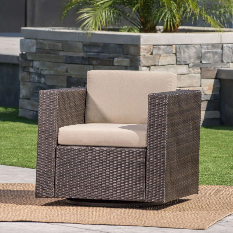 Outdoor Wicker Club Chair with Water Resistant Cushions, Swivel Chair, 33.5" L x 31.5" W x 27.75" H, Brown+Beige