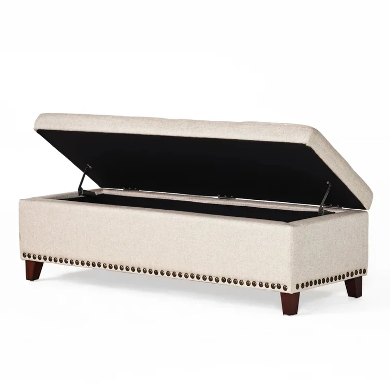 Storage Ottoman with Tufted Waffle Stitching, Nailhead Trim, Contemporary Design, and Ample Storage Space, 50.85" L x 19.65" W x 15.75" H, Beige