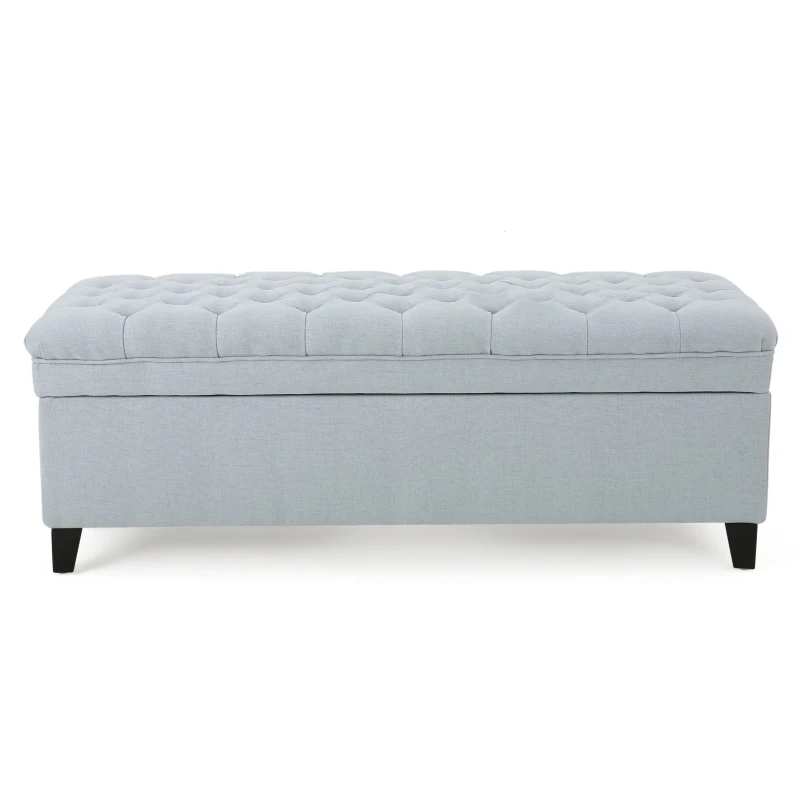 Storage Ottoman with Birch Legs, Hand-Tufted Fabric, 50" L x 20.5" W x 18.25" H, Spot Clean, Light Blue Gray