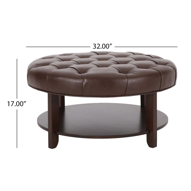 Round Ottoman with Faux Leather Upholstery, Button Tufting, Rubberwood Frame, and Open Shelf, Contemporary Design, 32" L x 32" W x 17" H, Dark Brown