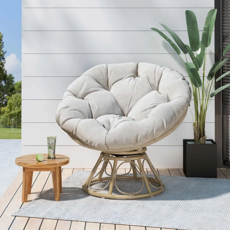 Outdoor Wicker Lounge Chair with Swivel Function, Faux Rattan Frame, Polyester Cushion, 35.25" L x 31.75" W x 29.75" H, Beige+Light Brown