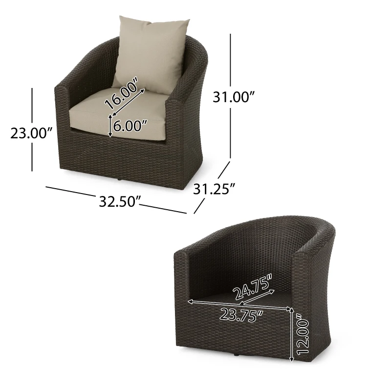 Vinsetto Swivel Club Chair with Hand-Crafted Wicker and Aluminum, Weather-Resistant Polyester Cushions, No Assembly Required, 32.5" L x 31.25" W x 31" H, Brown