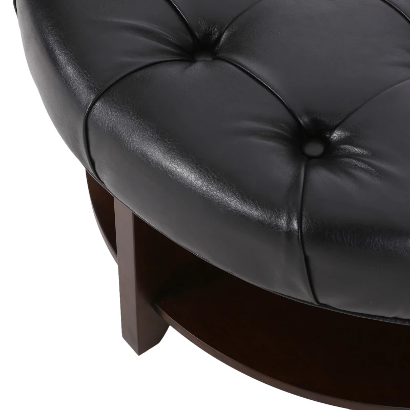Round Ottoman with Faux Leather Upholstery, Button Tufting, Rubberwood Frame, and Open Shelf, Contemporary Design, 32" L x 32" W x 17" H, Black