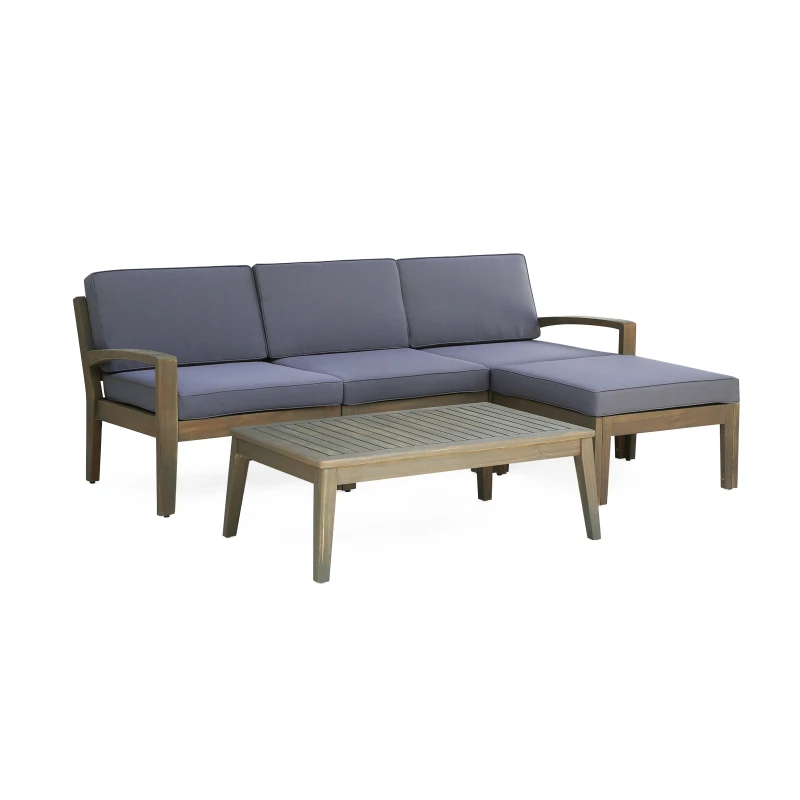 Transitional L-Shaped Patio Furniture Set, Acacia Wood Frame with Water-Resistant Cushions and Slat Panel Design, 27" L x 29.5" W x 26.25" H, Gray