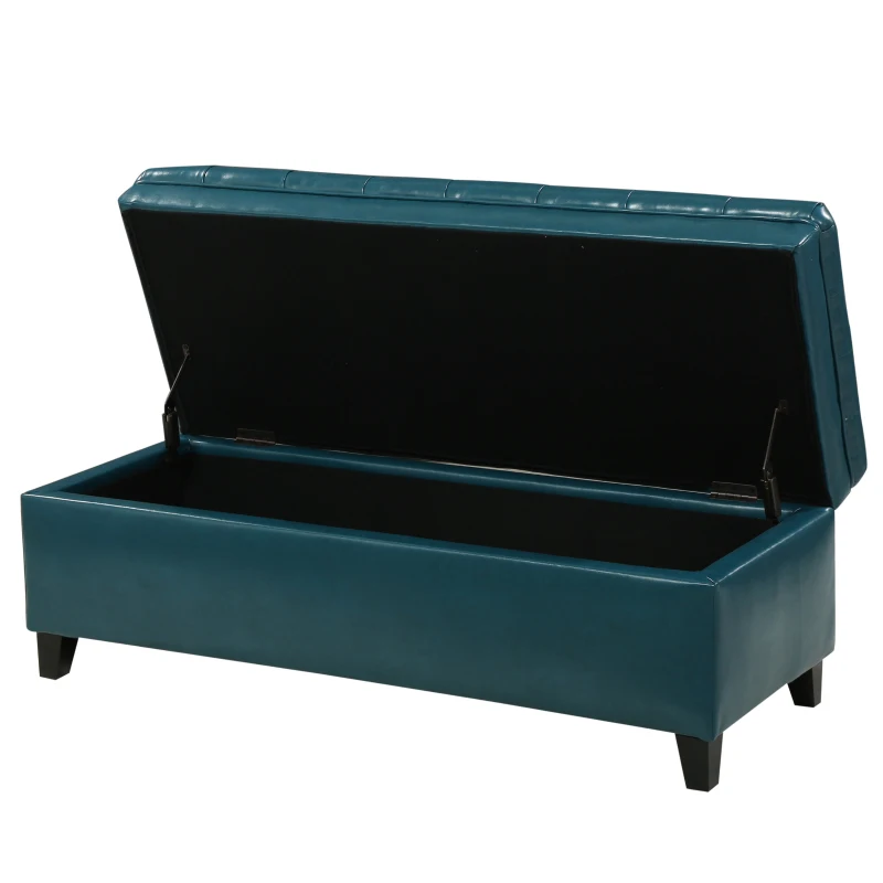 Storage Ottoman with Birch Legs, Faux Leather Tufted, 50" L x 20.5" W x 18.25" H, Spot Clean, Teal