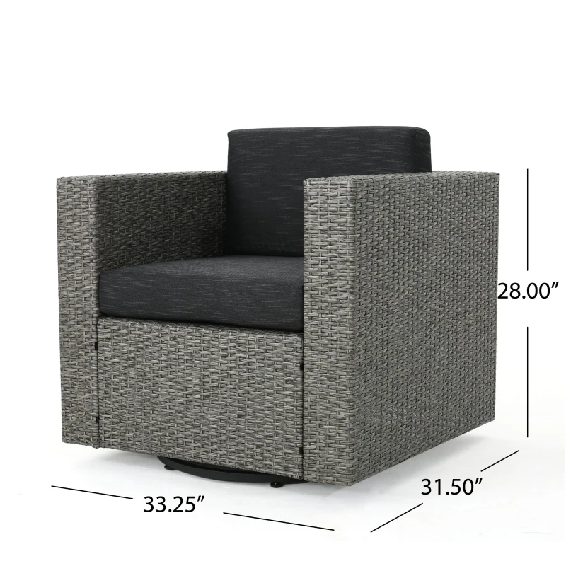 Outdoor Swivel Club Chair, Polyethylene Wicker, Water-Resistant Cushions, 33.5" L x 31.5" W x 27.75" H, Assembly Required, Black+Gray