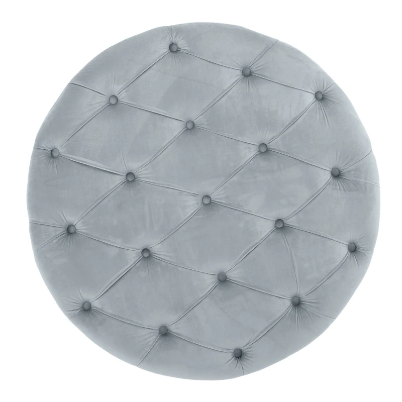 Modern Glam Round Velvet Ottoman with Cushioned Top, Sturdy Frame, and Space-Saving Design, 29.5" L x 29.5" W x 18" H, Light Gray