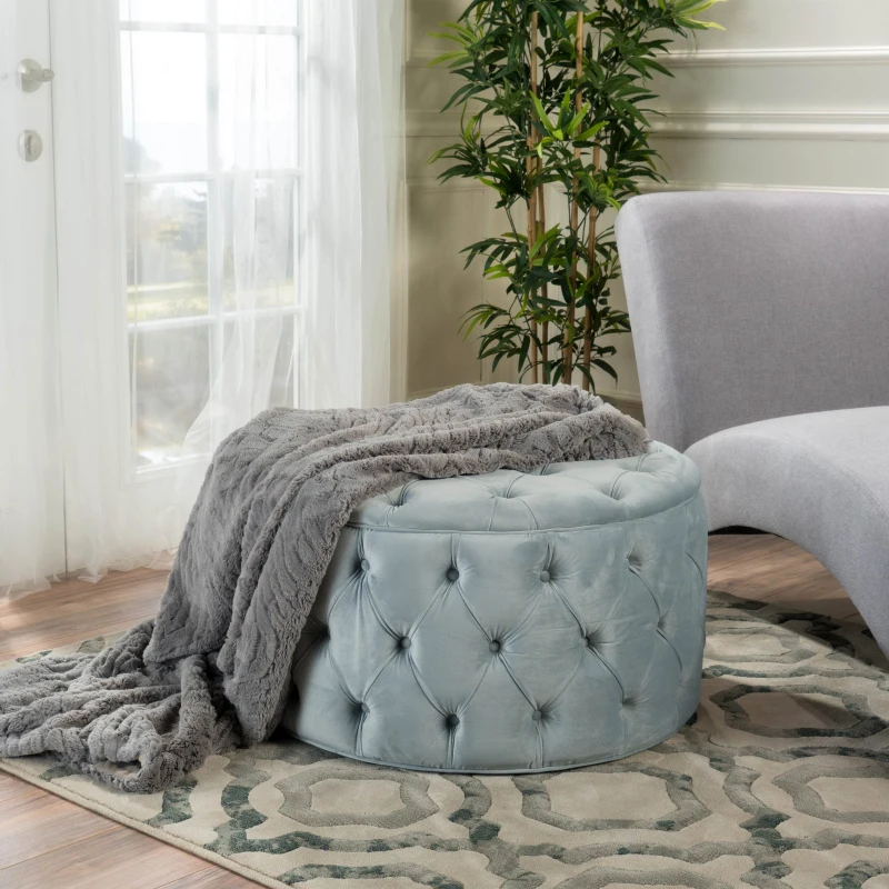 Modern Glam Round Velvet Ottoman with Cushioned Top, Sturdy Frame, and Space-Saving Design, 29.5" L x 29.5" W x 18" H, Light Gray