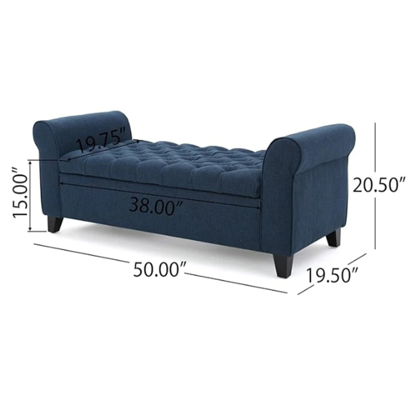 Contemporary Upholstered Ottoman with Rolled Arms and Pressure Hinges, Armed Storage Bench, Ideal for Small Spaces, 50" L x 19.5" W x 20.5" H, Navy Blue