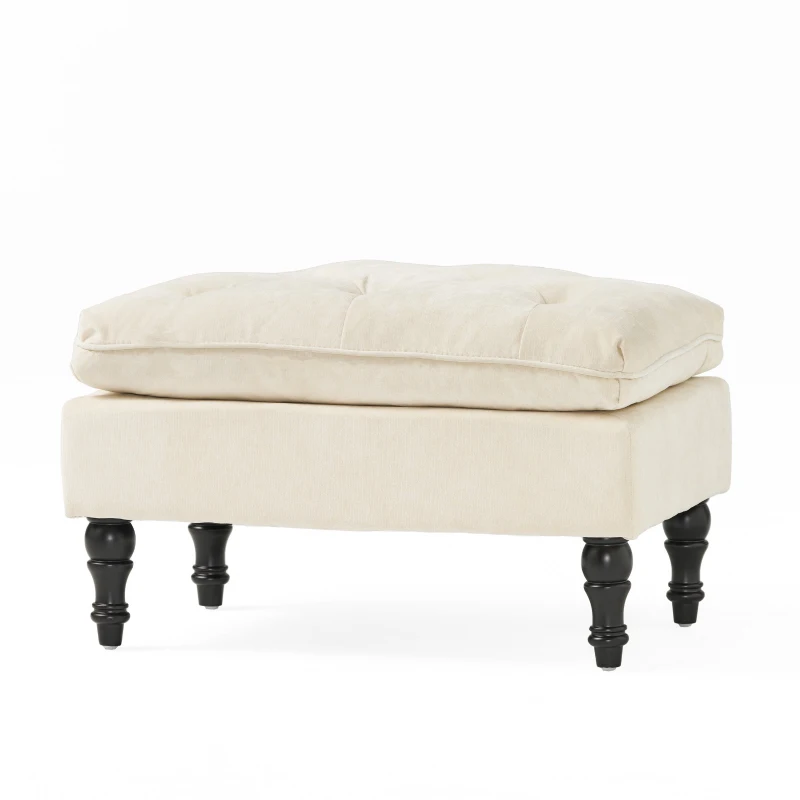 28" Pillow Top Ottoman with Button Tufted Upholstery, Turned Birch Legs, Extra Seating or Footrest, 28.5"x18"x17.75", Cream