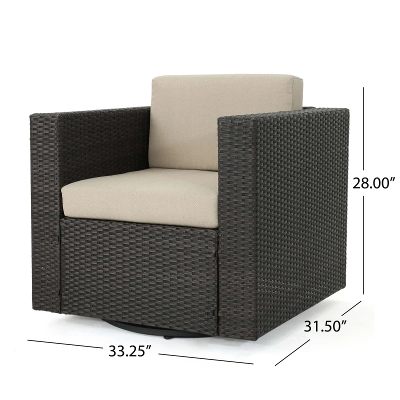 Outdoor Wicker Club Chair with Water Resistant Cushions, Swivel Chair, 33.5" L x 31.5" W x 27.75" H, Brown+Beige