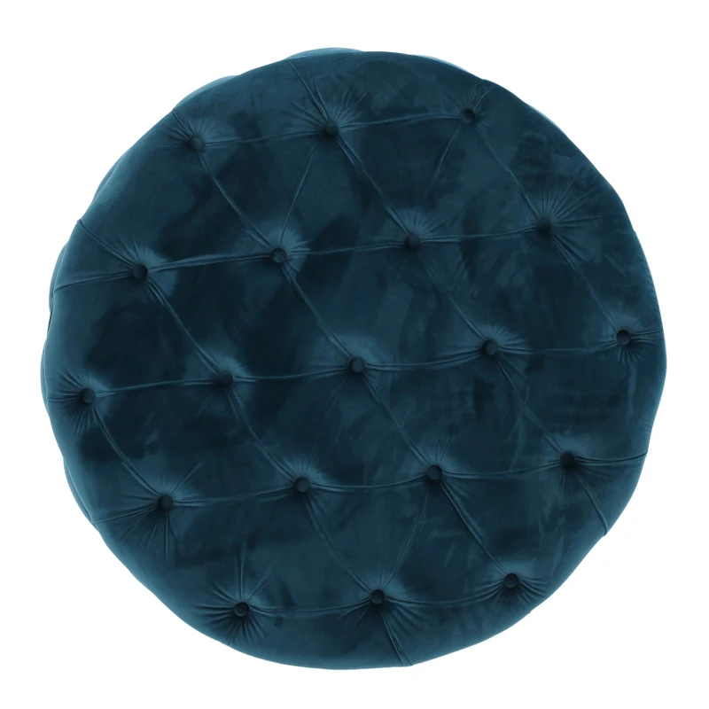 Modern Glam Round Velvet Ottoman with Cushioned Top, Sturdy Frame, and Space-Saving Design, 29.5" L x 29.5" W x 18" H, Teal