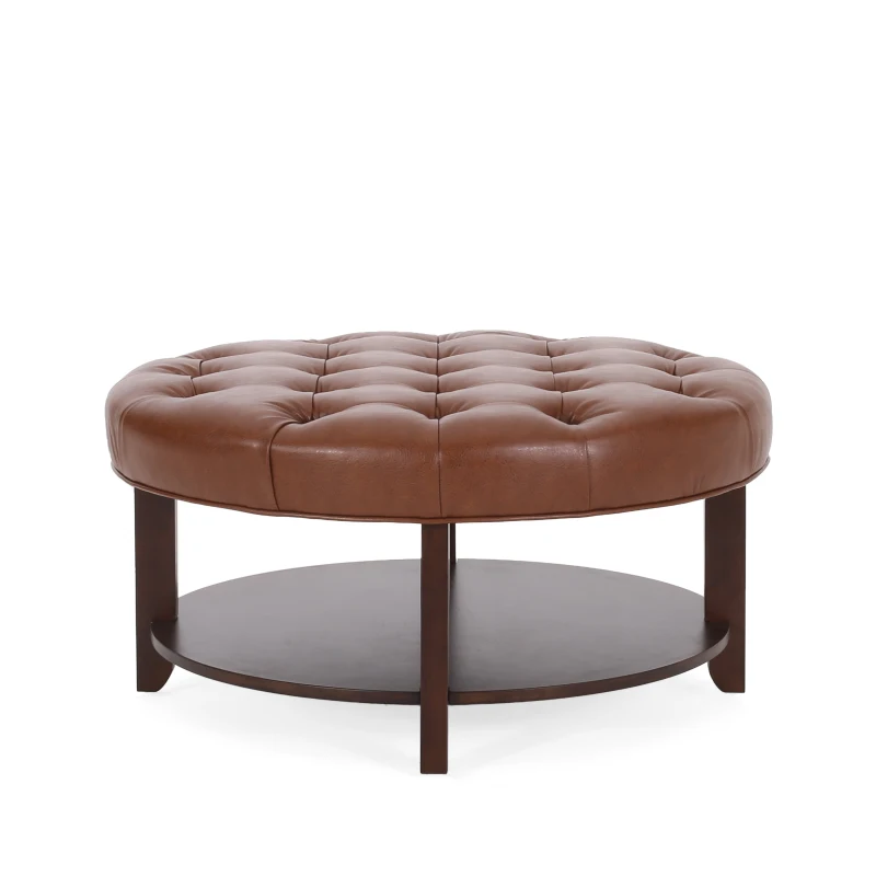Round Ottoman with Faux Leather Upholstery, Button Tufting, Rubberwood Frame, and Open Shelf, Contemporary Design, 32" L x 32" W x 17" H, Light Brown